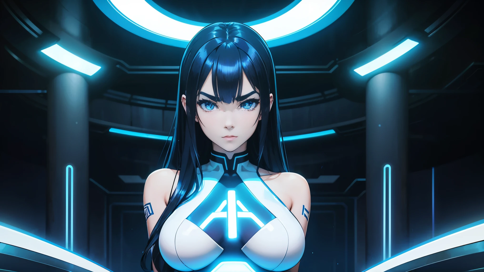 cool phonk anime girl , dark blue hair , blue eyes , rainy time , underground dance club , whole body shot, big breast, (Perfect thick white eyebrows) Delicate fur, 详细s face, s the perfect face, At a in an underground club like tron movie, (Drink a glass of wine while standing), Comfortable background, perfect decoration, dark atmosphere, ((tron movie lighting)), (The round lenses on his eyes)(詳細な目), Perfect student, face close up