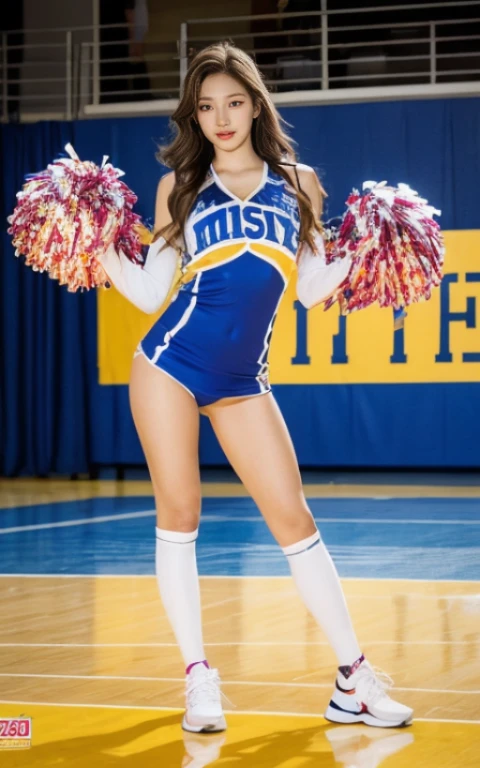 sports arena、Cheerleader、Pichi Pichi costume、full body shot, beautiful female body、A woman with the same face as last time(misaki)、４Ｋ、１people&#39;s women、slender、 Loose wavy styling 、前からfull body shot、seductive and attractive,Including face and skin texture，detailed eyes、Looks like fun