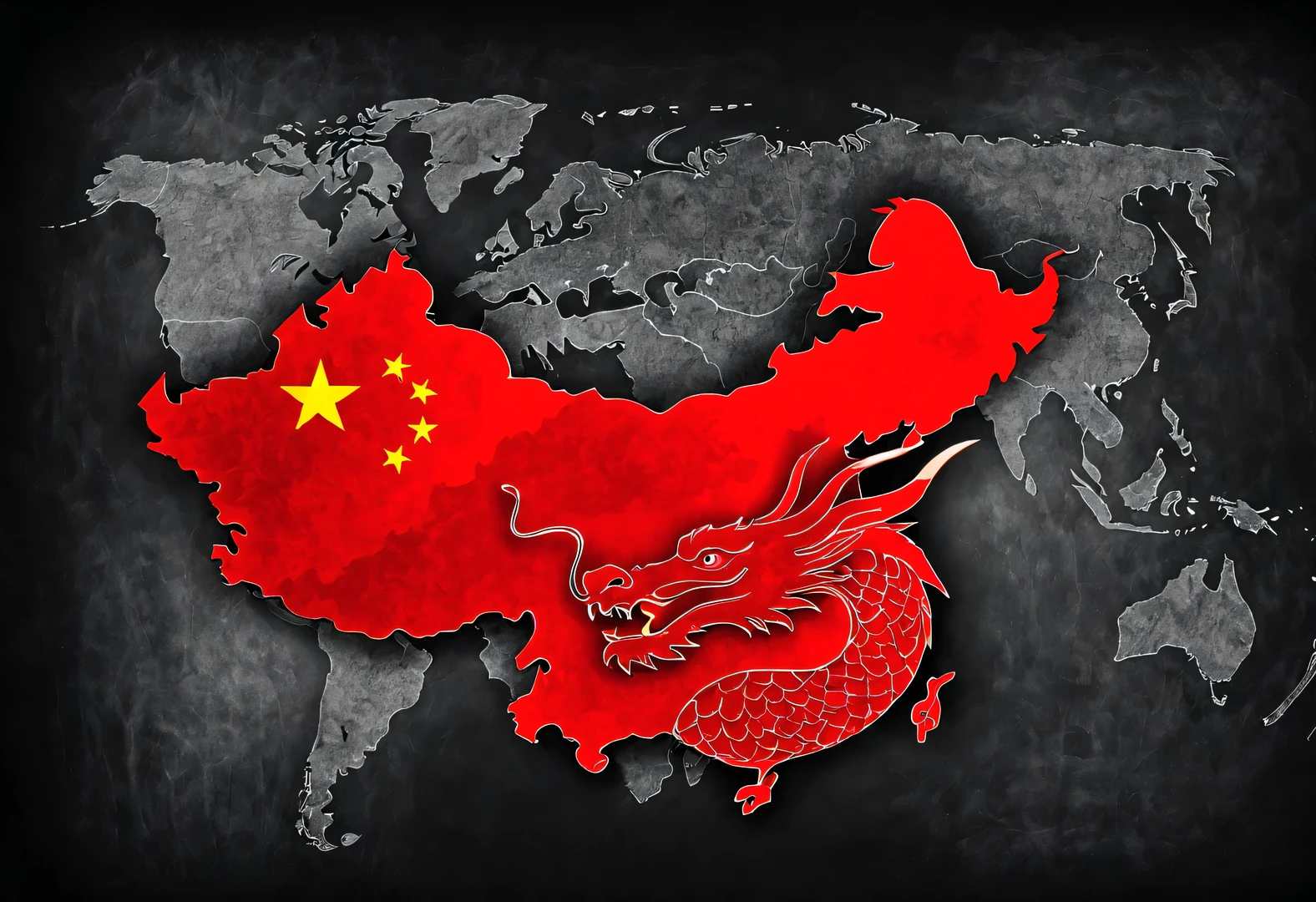 Chalkboard art style, ,red poster design,(Map of China),background:Dragon silhouette,