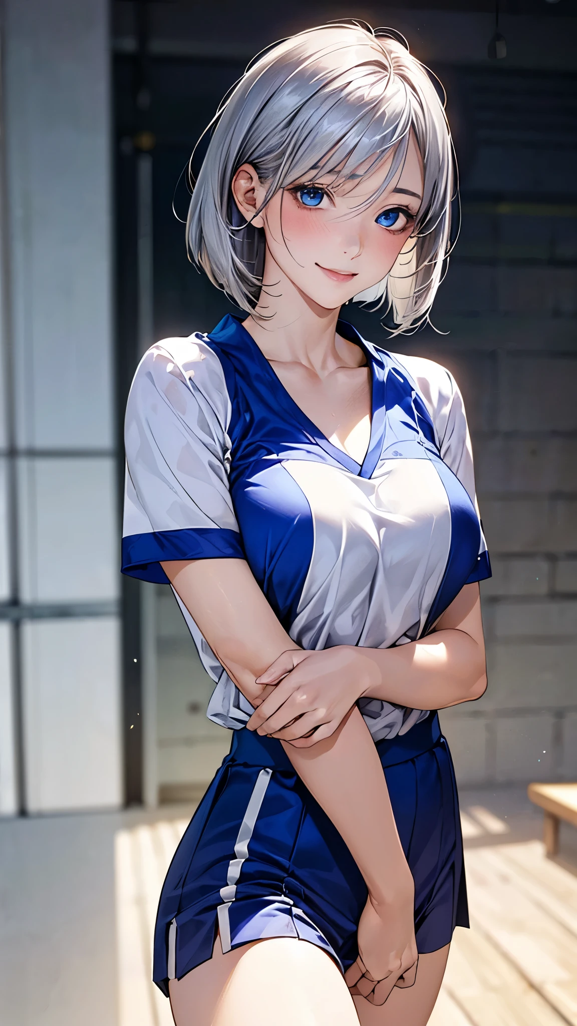 Girl,Young face,blush,smile,Silver Hair,Purple Eyes,Looking up,Short Ponytail,A shiny navy blue school swimsuit wet with water,Topless,Lustrous skin,Sweat,Slightly larger breasts,Classroom at Dusk,sunset,Leg spread