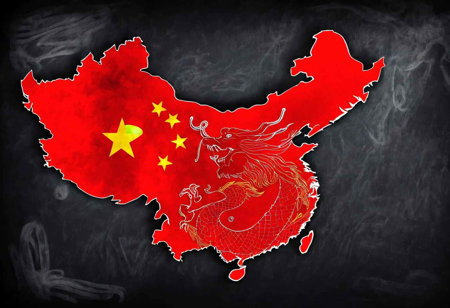 Chalkboard art style, ,red poster design，（Map of China），background：Dragon silhouette，