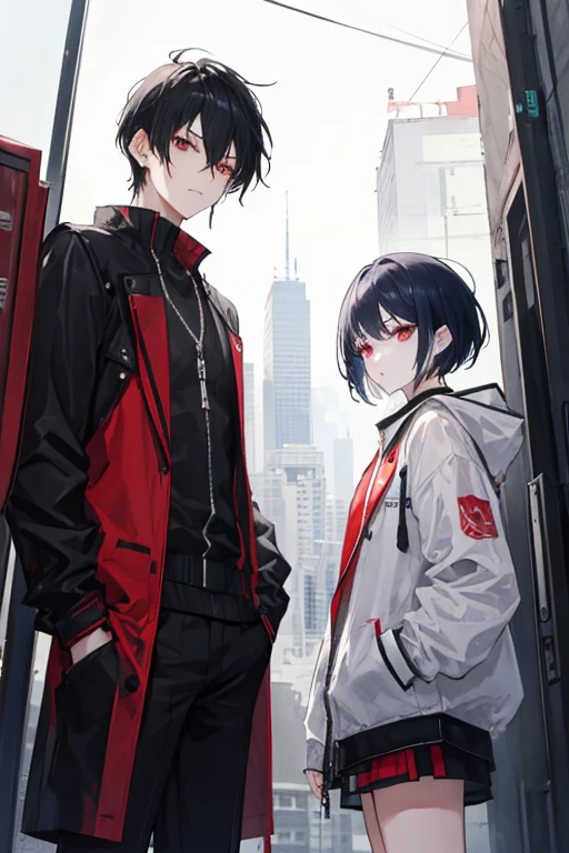 naughty man, age 25, Eyes red, skin fair, scars, shorth hair, dark blue overcoat, black backpack, anime styling