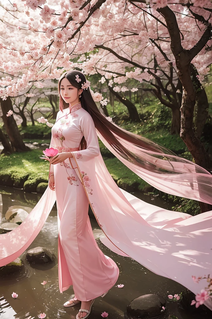 1 person, in the cherry blossom forest, Vietnamese ao dai, holding a lotus flower (light pink), long hair, light breeze, lotus background,Gentle smile, super beautiful face, smooth skin, Ao Dai with the Vietnamese flag under the hem, falling lotus flowers ,Long legs (just enough), Super sharp images, Ultra 8K, Ultra HD