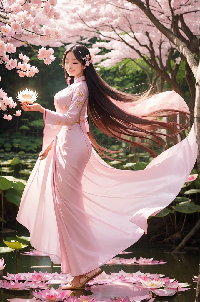1 person, in the cherry blossom forest, Vietnamese ao dai, holding a lotus flower (light pink), long hair, light breeze, lotus background,Gentle smile, super beautiful face, smooth skin, Ao Dai with the Vietnamese flag under the hem, falling lotus flowers ,Long legs (just enough), Super sharp images, Ultra 8K, Ultra HD
