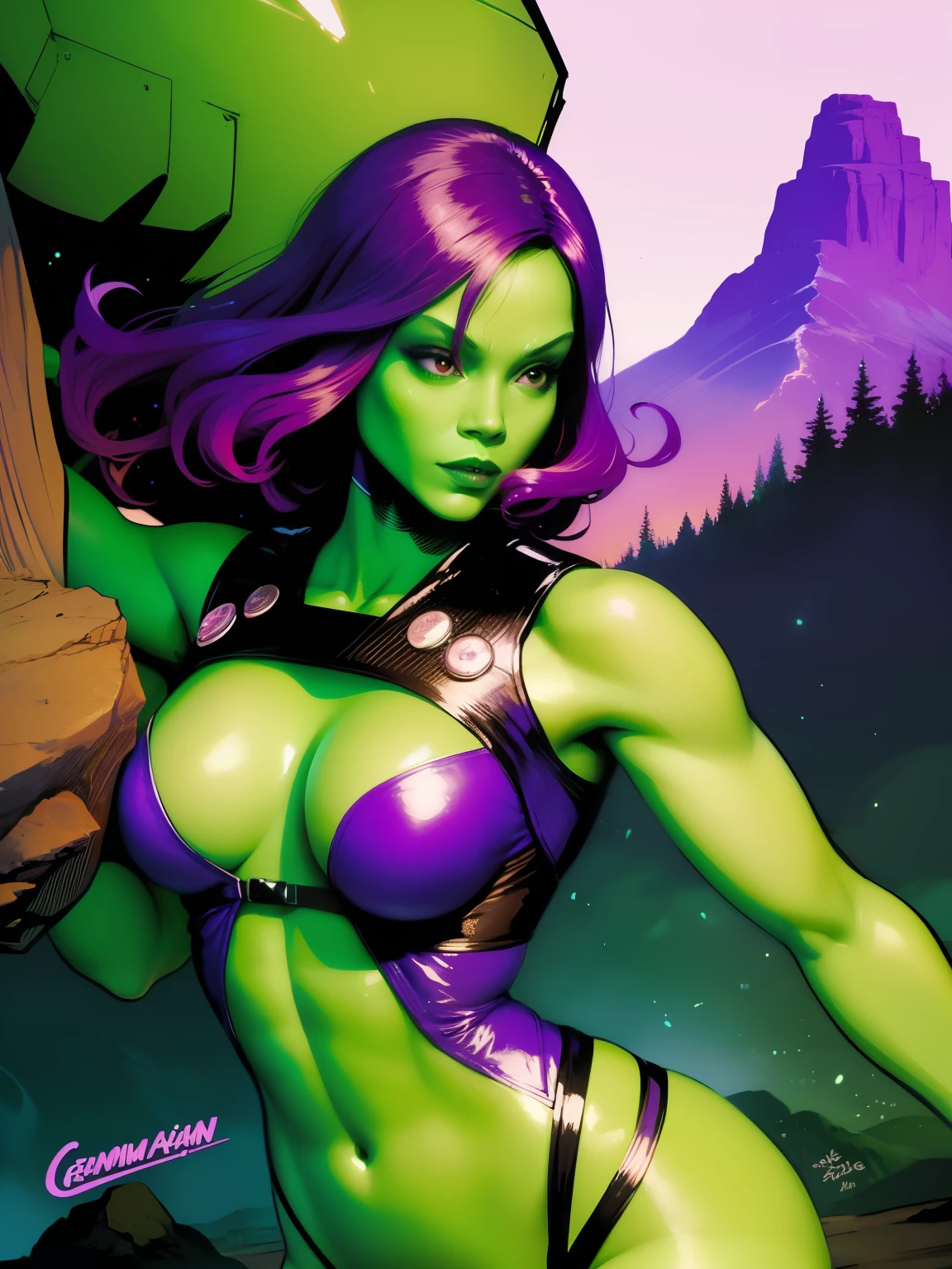 (((COMIC STYLE, CARTOON ART))). ((1 girl)), lonly, A comic-style image of Gamora, with her as the central figure. She is standing, with her hands holding a sword. She wears a black and purple costume, ((pink anda purple hair)). She has long, straight black hair, (((Hot body, sexy, sensual, camel toes))), ((green skin)) eyes and red lips. She is surrounded by an alien planet, with mountains, rivers and vegetation. She has a determined and confident expression, as if she is ready to fight evil.