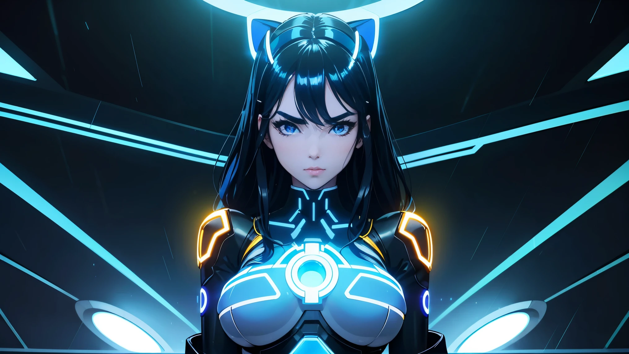 cool phonk anime girl , dark blue hair , blue eyes , rainy time , underground dance club , whole body shot, big breast, (Perfect thick white eyebrows) Delicate fur, 详细s face, s the perfect face, At a in an underground club in tron movie, Comfortable background, perfect decoration, dark atmosphere, ((tron movie "yellow" lighting)), (The round lenses on his eyes)(詳細な目), Perfect student, face close up