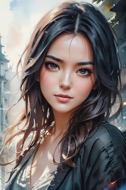 mj, RTX, 4k, HDR, close-up, watercolor, portrait, ((masterpiece)),((best quality)), ultra high resolution, beautiful woman, shoulder, hair bands, author: Agnes Cecile, half body portrait , extremely bright vibrant design, pastel colors, (ink: 1.3), autumn lights, style by Makoto Shinkai, Jamie Wyeth, James Gillard, Edward Hopper, Greg Rutkowski Studio Ghibli Genshin Impact