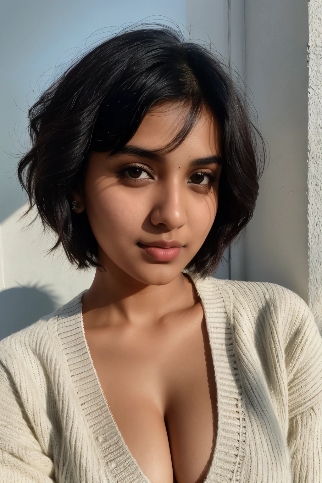 instagram photo, 23yo arab woman, short hair, black hair, closeup portrait, sweater, cleavage, pale, hard shadows