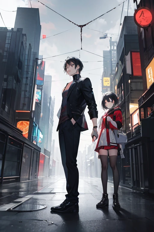 A Women and a men. In the middle of the cyber city. A women with short ash hair, white eyes. A men with black hair, red eyes, slightly muscular, tall.
Standing together, like friends.