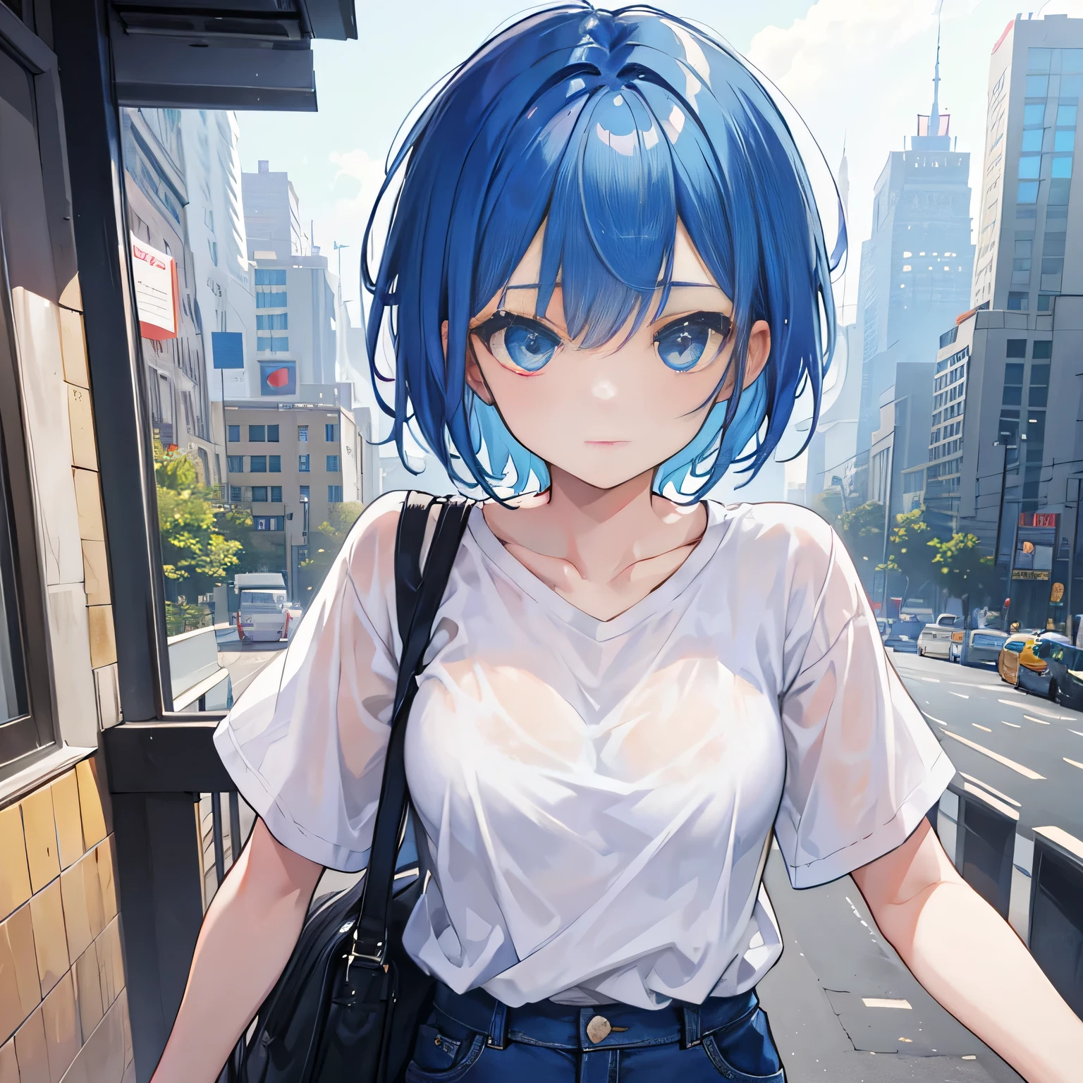 1 girl, short blue hair, blue eyes, Wearing a plain white shirt, denim shorts, city, confused, High resolution, super sharp, 8K, All hearts, looking at the viewer