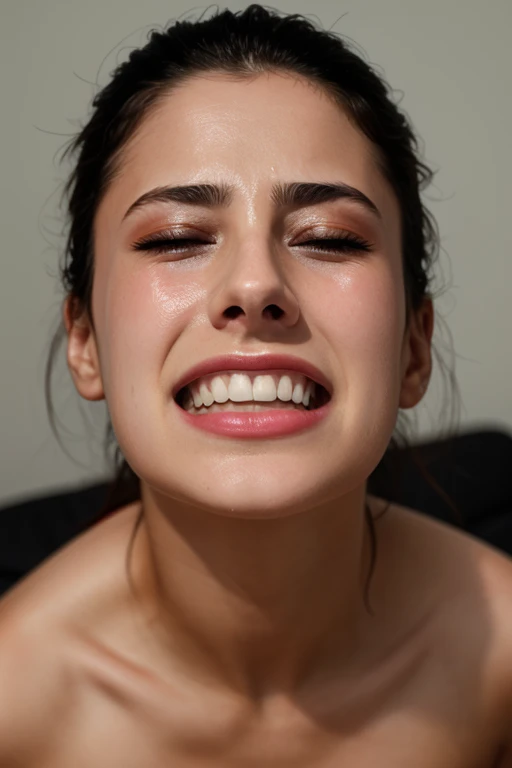 pieces fly,award winning photos, very detailed, edge orgasm, woman with open mouth and closed eyes , skin shining with sweat、Illumination that emphasizes shiny sweat{{{spread }}}, black hair、NSFW,{{{{Crowd of male onlookers}}}},(elongated nostrils)、lighting from below、grimacing expression