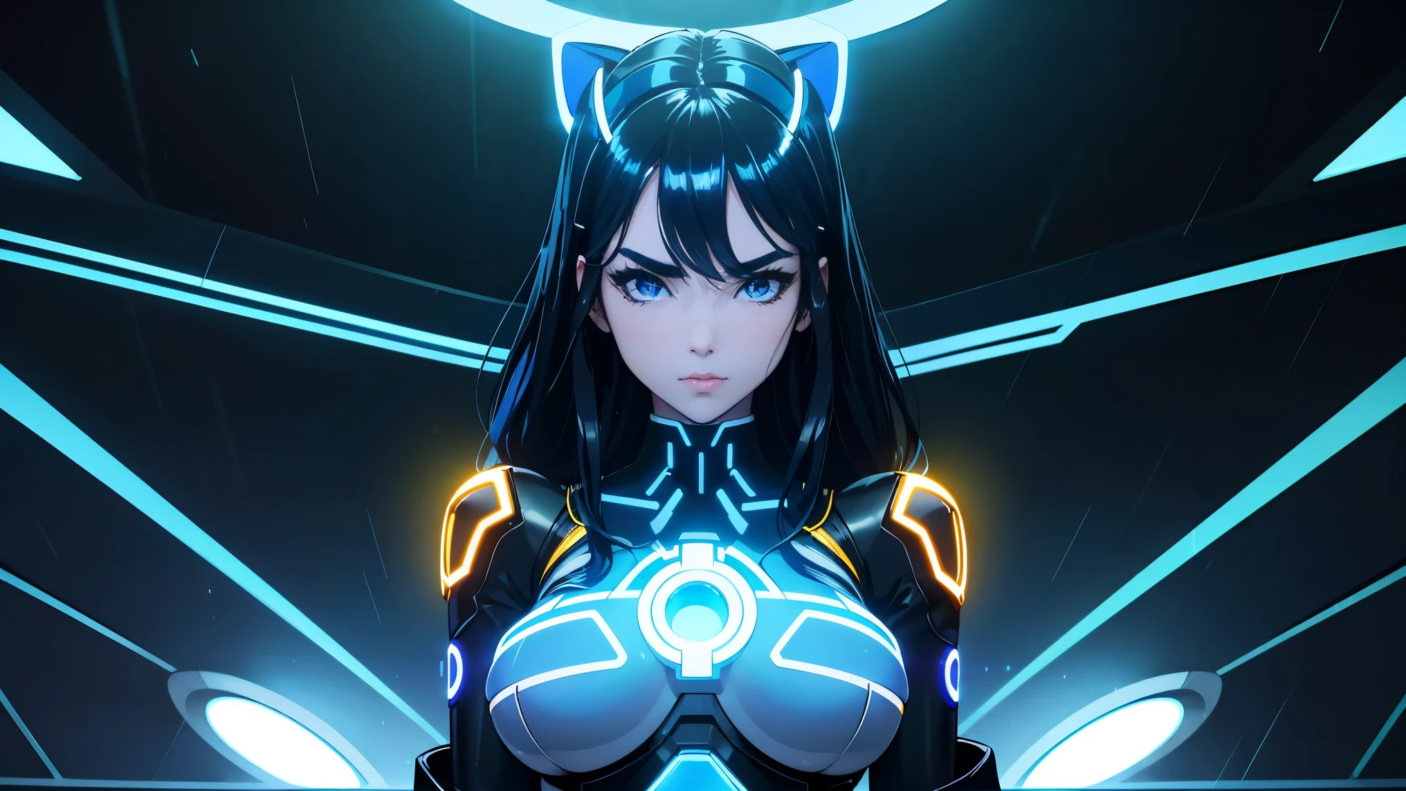 cool phonk anime girl , dark blue hair , blue eyes , rainy time , underground dance club , whole body shot, big breast, (Perfect thick white eyebrows) Delicate fur, 详细s face, s the perfect face, At a in an underground club in tron movie, Comfortable background, perfect decoration, dark atmosphere, ((tron movie "yellow" lighting)), (The round lenses on his eyes)(詳細な目), Perfect student, face close up