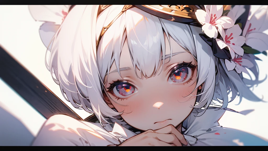 close up,a girl,,white eyes,short hair,Loliorgeous floral headpiece,Two dimensions,flat chest,whole body,white hair,White clothes