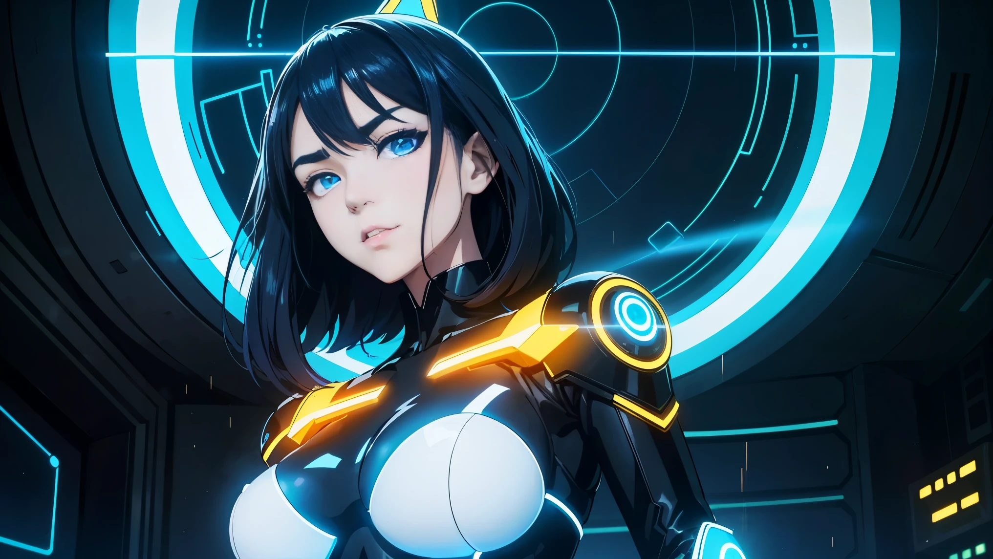 cool phonk anime girl , dark blue hair , blue eyes , rainy time , underground dance club , whole body shot, big breast, (Perfect thick white eyebrows) Delicate fur, 详细s face, s the perfect face, At a in an underground club in tron movie, Comfortable background, perfect decoration, dark atmosphere, ((tron movie "yellow" lighting)), (The round lenses on his eyes)(詳細な目), Perfect student, face close up