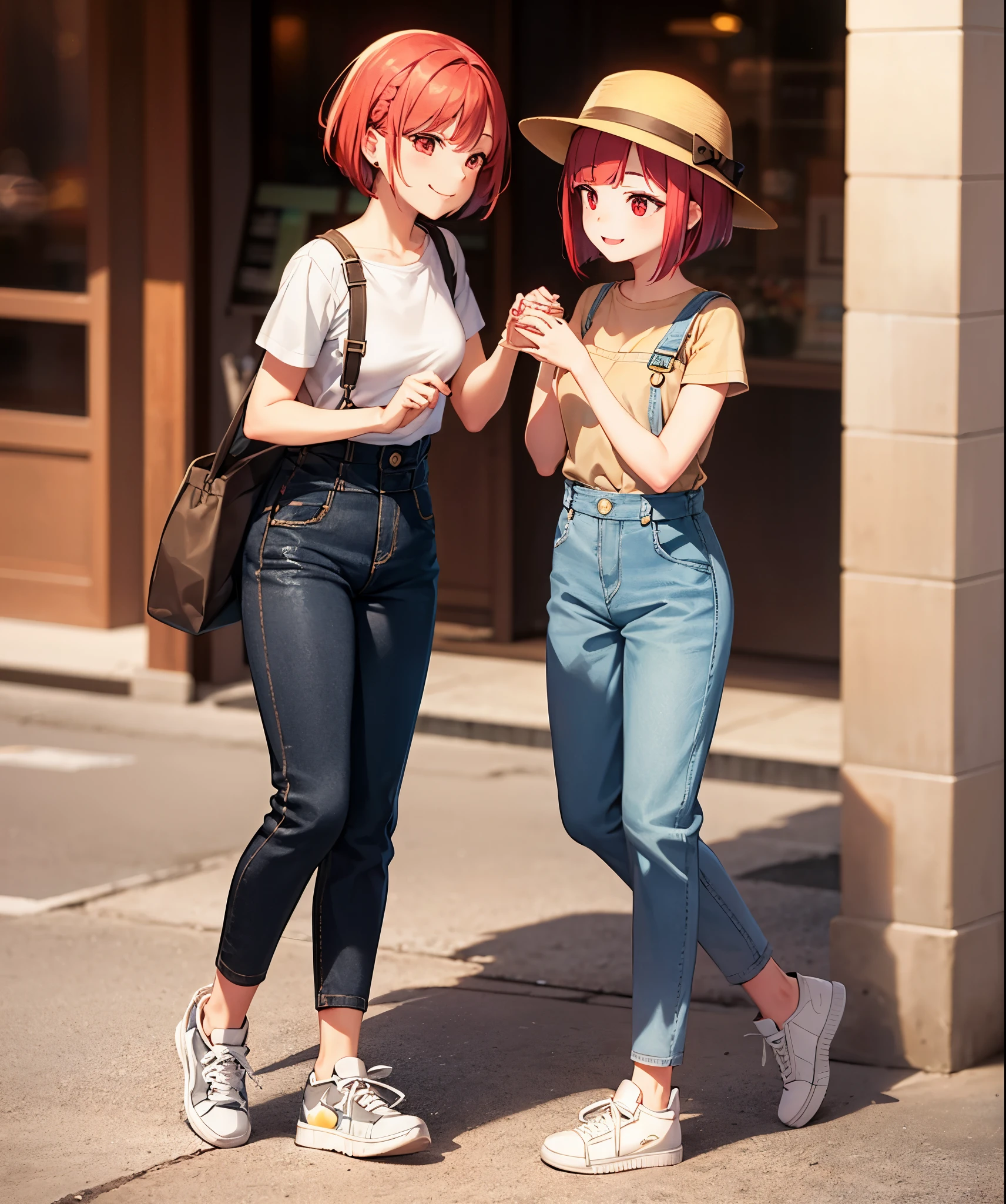 red haired woman,short bob,Braiding hair,red eyes,beige overalls、White inner shirt,Beige sneakers,White hat,smile,Put your hands on your hat