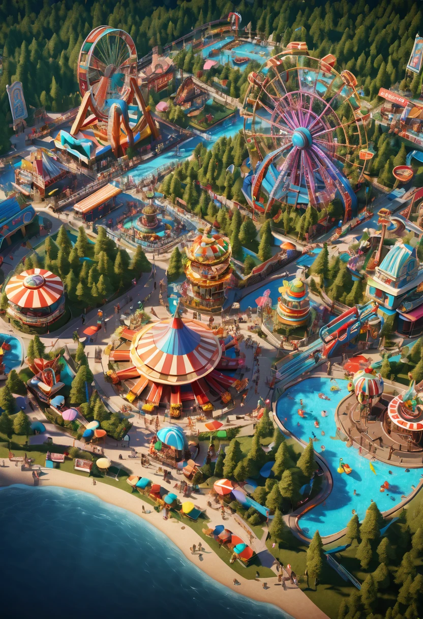 Amusement park guide map, ultra detailed, Exquisite textures, high quality render, beautiful, aesthetic, 8k artistic photography, ultra realistic illustration, 16K, photorealistic concept art, volumetric perfect light, lens flare, high contrast, absurdres, masterpiece, best quality, high quality