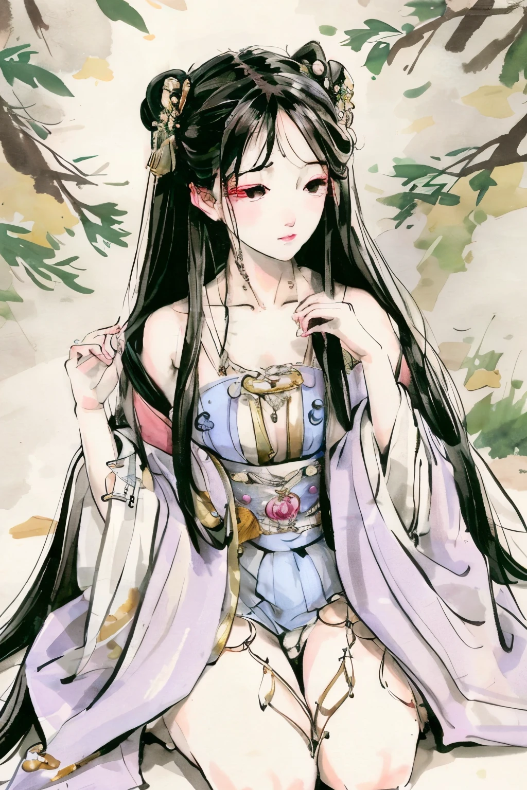 Exquisitely detailed old woman, (realism: 1.5), best quality masterpiece, long black hair, flowing down to her waist, (ultra high resolution), (photorealistic:1.3), deep wrinkles around her eyes, expressing wisdom and experience, wearing a traditional robe, hands folded in her lap, sitting in front of a solid background (masterpiece), (realistic:1.1), her long black hair gently covering her shoulders, showcasing its natural shine and luster.