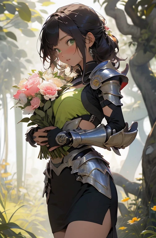 be realistic，（masterpiece，highest quality，highest quality，very detailed，fractal art，most detailed，（Background of the flower garden：1.5）（1 girl），Kamimei，（hair length），（green eyes shine、Breasts get bigger，stunned)，crystallization，sexy、Mechanical Armor、tanned skin、大きなBouquet in hand持つ、break , (Bouquet in hand),(black pencil skirt)、