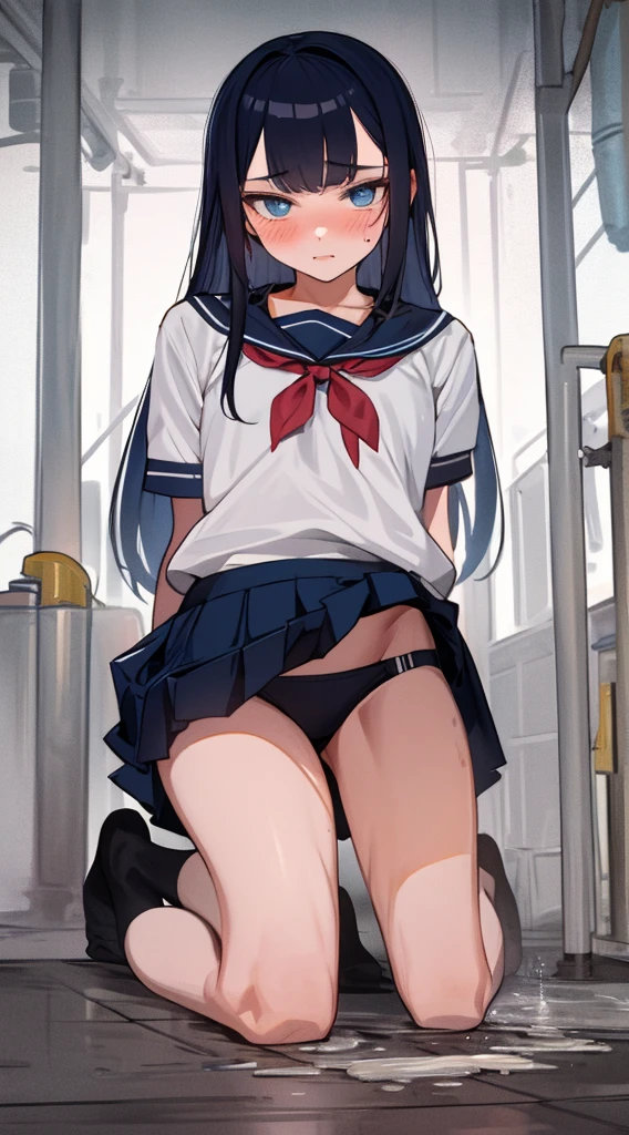 high school girl,High resolution, sharp focus, pixiv masterpiece, ((intricate details)), very detailed,kneel on the ground, Sweaty crotch,Pee on your feet,Pissing,Urine flows down the thigh,embarrassing,exhilarating,I'm in shock,panic,anxiety,Small puddles of their own urine form around the feet,Urine runs down the crotch,drenched,rain,(Gestures of appeal),blue colored eyes(eyes shine),half naked、I'm not wearing a skirt