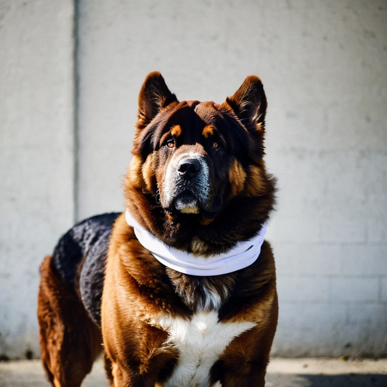 foto de meio Corpo , Tibetan Mastiff dog wearing white bandana around its neck, Fotografia de Corpo completo, Alone at your side a huge hamburger, olhando para o espectador, textura dos pelos
, Grain Photo, fechar-se, foto crua, fundo desfocado da imagem uma lanchonete.