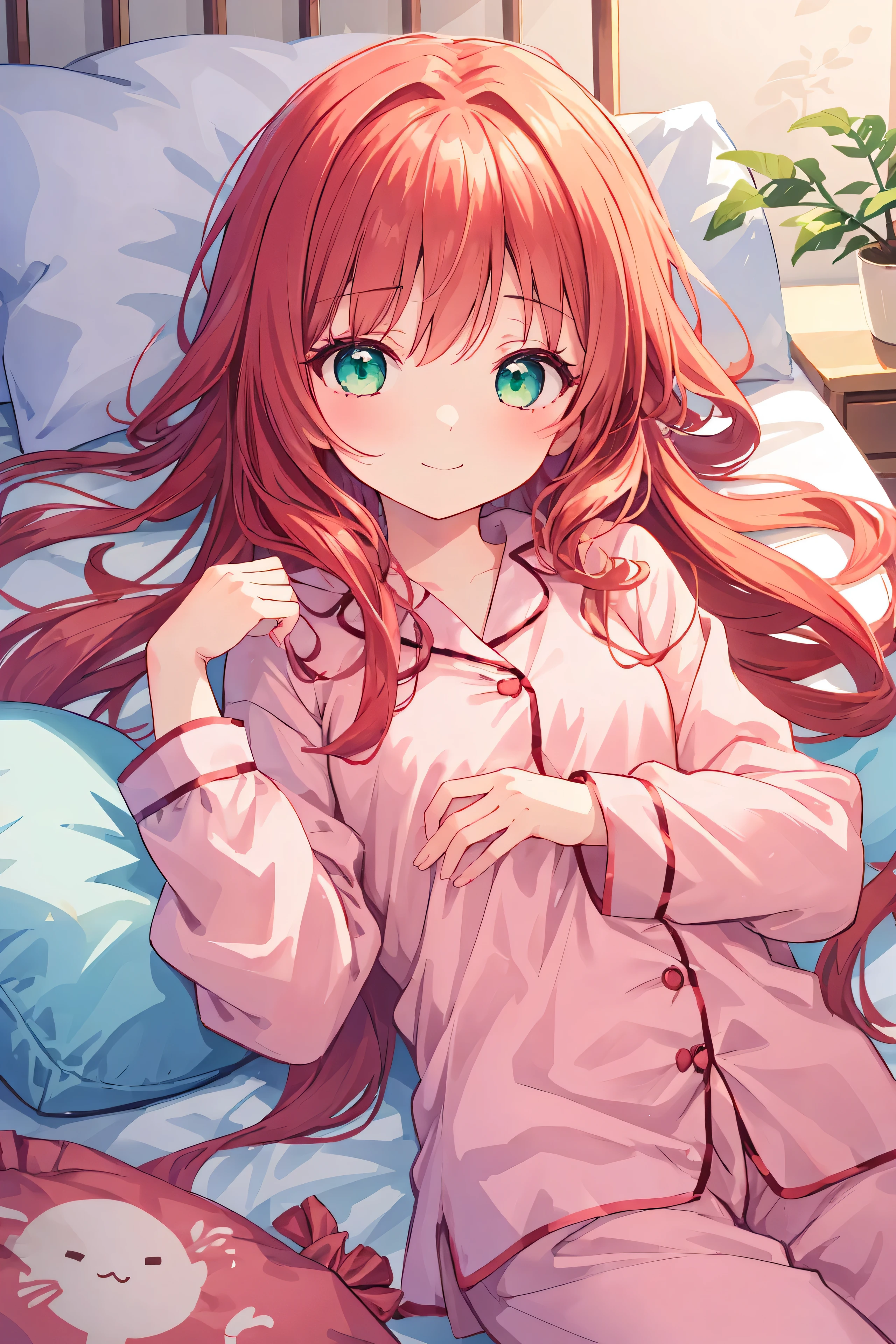 (meilleure qualité), 1fille, Anime fille aux cheveux longs, Visuels d'anime de jolies filles, anime meilleure fille, jolie fille animée, fille anime séduisante, charmante fille d'anime, jolie fille animée, visage expressif, Les yeux brillants, ((yeux fatigués)), ((Regarder la visionneuse)), cheveux roux, yeux verts, ((pyjamas)), chambre à coucher, ((Dormir)), somnolent, allongé dans son lit, OREILLERS, couverture, confortable, repos, doux sourire,