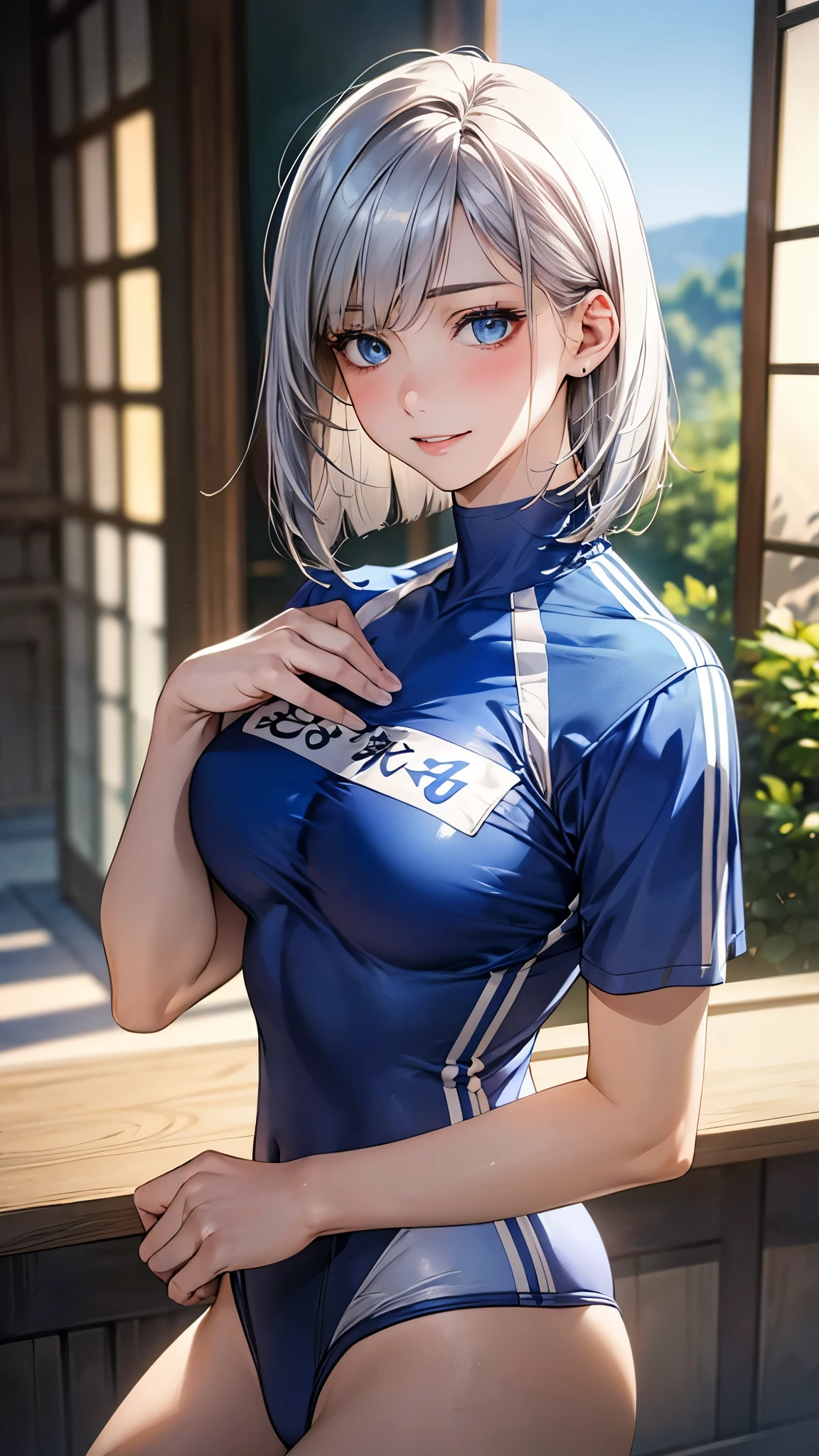 (masterpiece:1.2, top-quality), (realistic, photorealistic:1.4), beautiful illustration, (natural side lighting, movie lighting),
looking at viewer, upper body, (front view), 1 girl, japanese, , perfect face, cute and symmetrical face, shiny skin, babyface,
(t hair:1.2, bob cut:1.2, silver hair), blue eyes, (large breasts:0.6, seductive thighs),
beautiful hair, beautiful face, beautiful detailed eyes, beautiful clavicle, beautiful body, beautiful chest, beautiful thigh, beautiful legs, beautiful fingers,
(blue track uniform),
(beautiful scenery), evening, sports hall, (lovely smile, upper eyes),