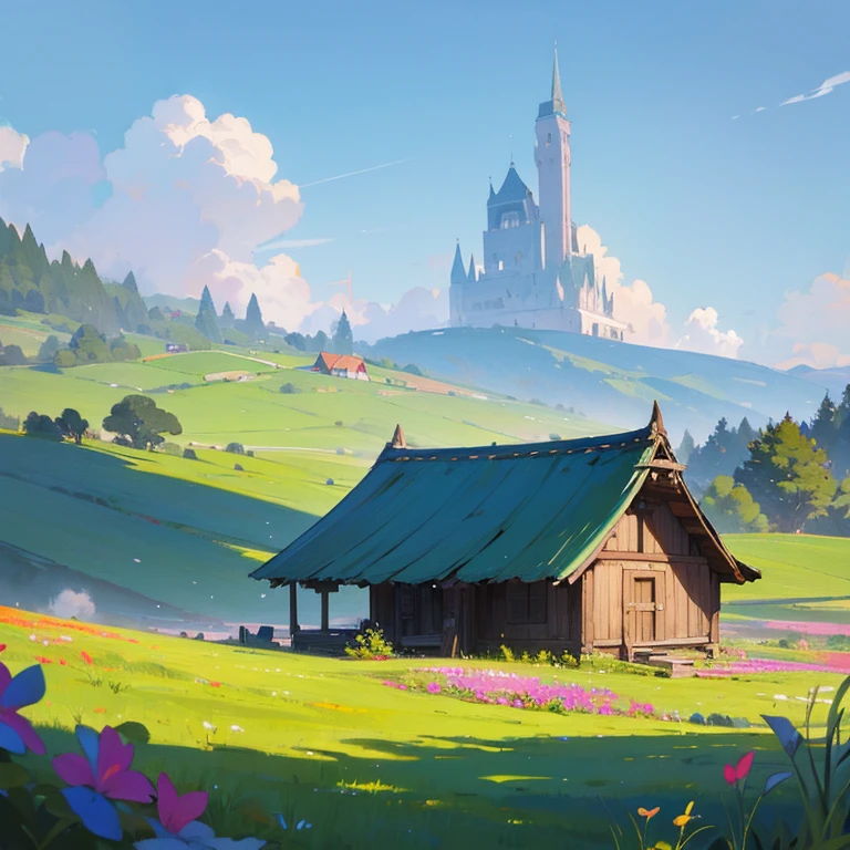 pal world、fantasy、Landscape painting、meadow and hut