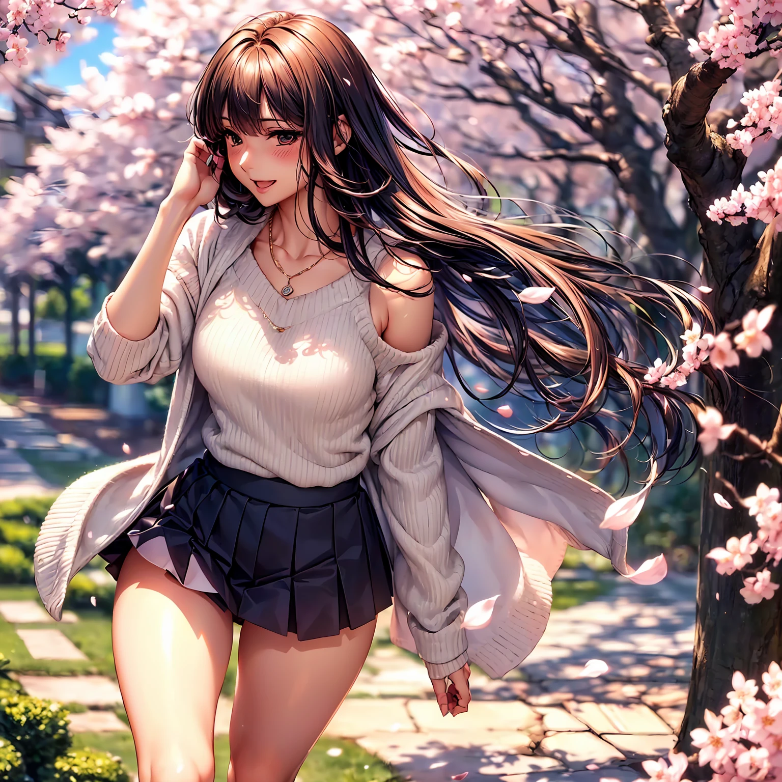 (((highest quality,masterpiece,very high resolution,Super high quality,perfect pixel))), (((Exquisite beauty:1 person,perfect body,Beautiful face is detailed, blush、cute face、beautiful outline、smile, open your mouth))),((long hair, neat bangs, beautiful hair texture)),((Beautiful slit eyes,beautiful eyes,strong-willed eyes, beautiful eyelashes, realistic eyes)), ((beautiful breasts,beautiful feet)),((sweater:color and pattern,pleated skirt:pattern and color, 1 diamond necklace,Clothing that exposes the shoulders,Clothing that exposes the thighs,Excellent fashion sense)),(realistic skin texture,realistic texture:,RAW photo,Anime CG style, Bright colors), (standing posture,dynamic angle,dynamic pose, model shoot), (garden,Cherry blossom tree-lined path, Cherry tree, Cherry blossoms fall,the wind is blowing),beautiful anime woman, beautiful art style, anime character、Overall image、detailed images、accurate anatomy、Image without defects、natural soft light、beautiful images、非常にdetailed images、(Best Shot 1.5)
