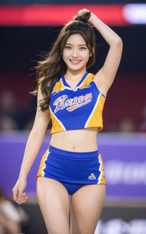 sports arena、Cheerleader、Pichi Pichi costume、Nothing is worn inside、Fly with legs spread、full body shot, beautiful female body、A woman with the same face as last time(misaki)、4K、1people's women、slender、 Loose wavy styling 、前からfull body shot、seductive and attractive,Including face and skin texture,detailed eyes、smiling face