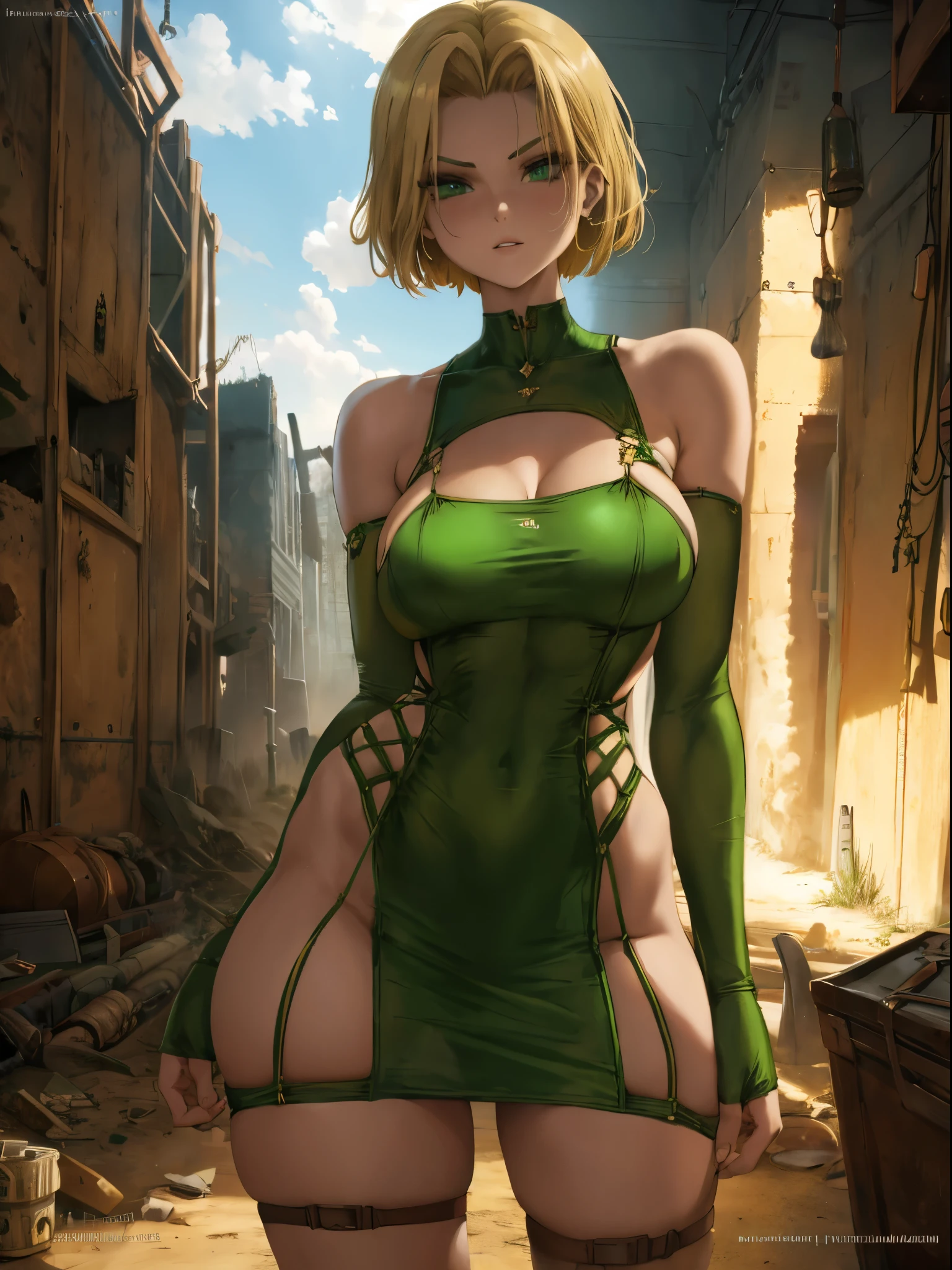 19-year-old Russian woman, fair skin, short blonde hair,  dressed in a green minidress, clubbing outfit, apocalyptic wasteland, daytime, good lighting, desert, rusted hulks