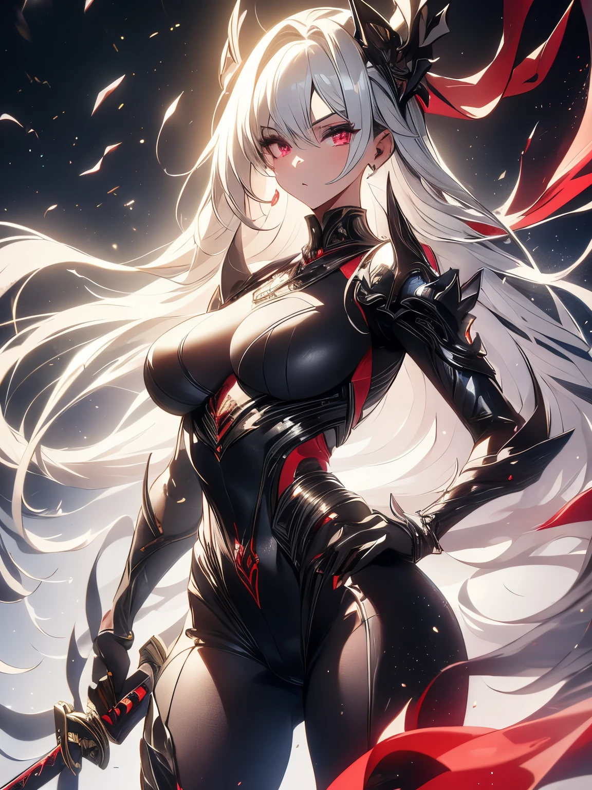 (masterpiece), (best quality), (ultra-detailed), Girl, silver eyes, Silver hair, black-red skin tight suit with armor patches, black-red one handed katana in right hand,