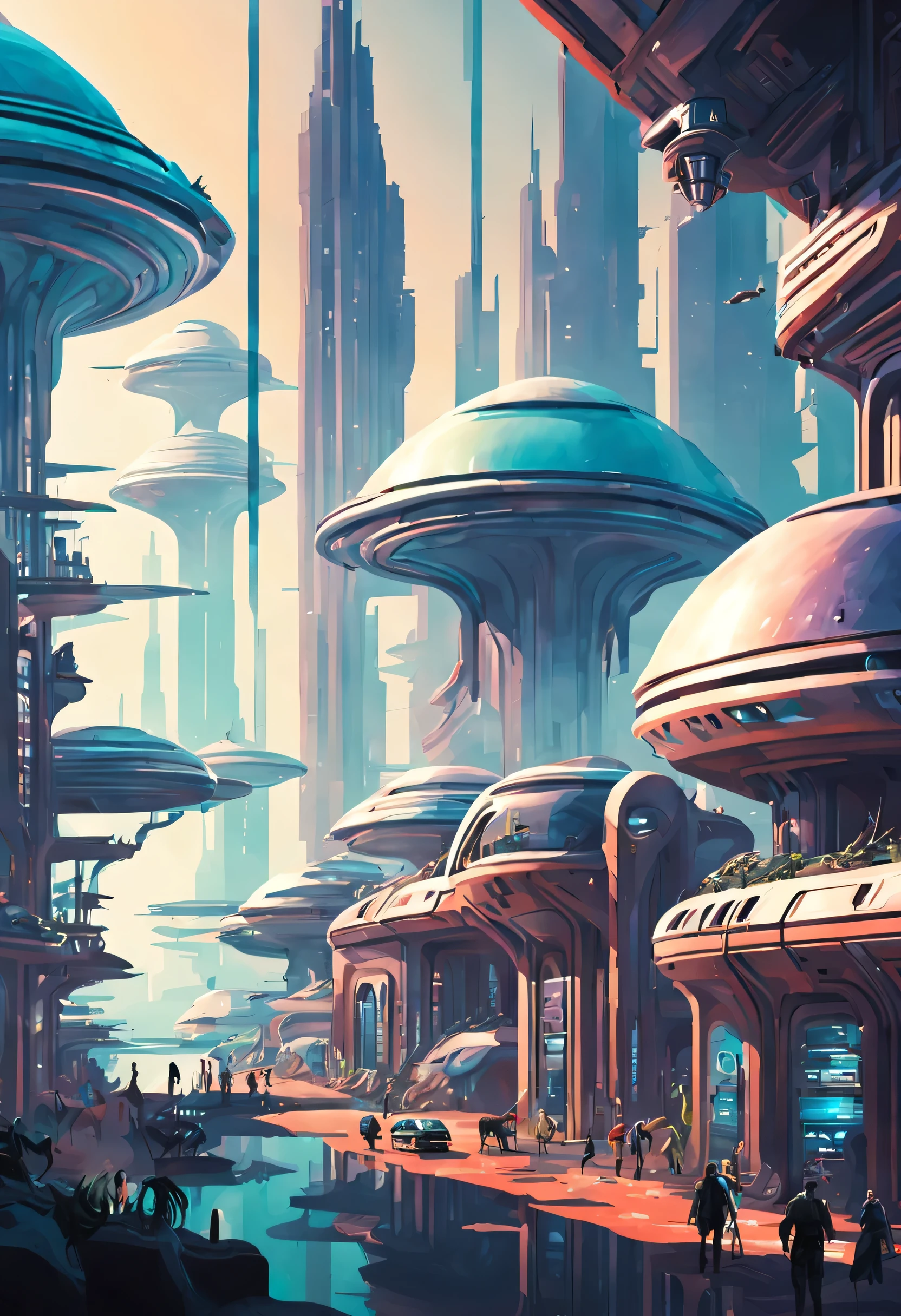 futuristic sci-fi city with aliens and animals