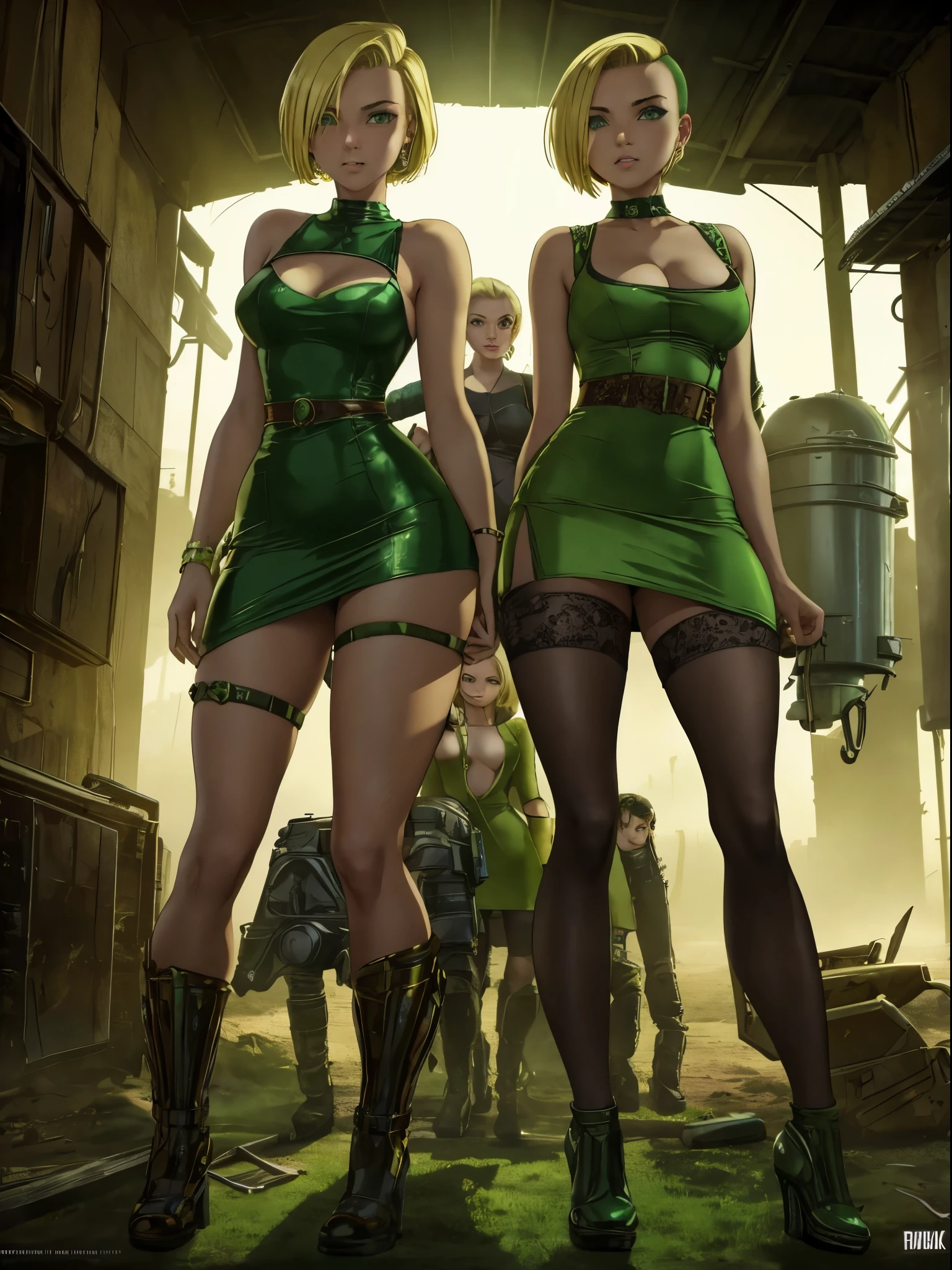 19-year-old Russian women, 2girls, lesbians, fair skin, short blonde hair, buzz cut, dressed in a green minidress, clubbing outfit, apocalyptic wasteland, daytime, good lighting, desert, rusted hulks