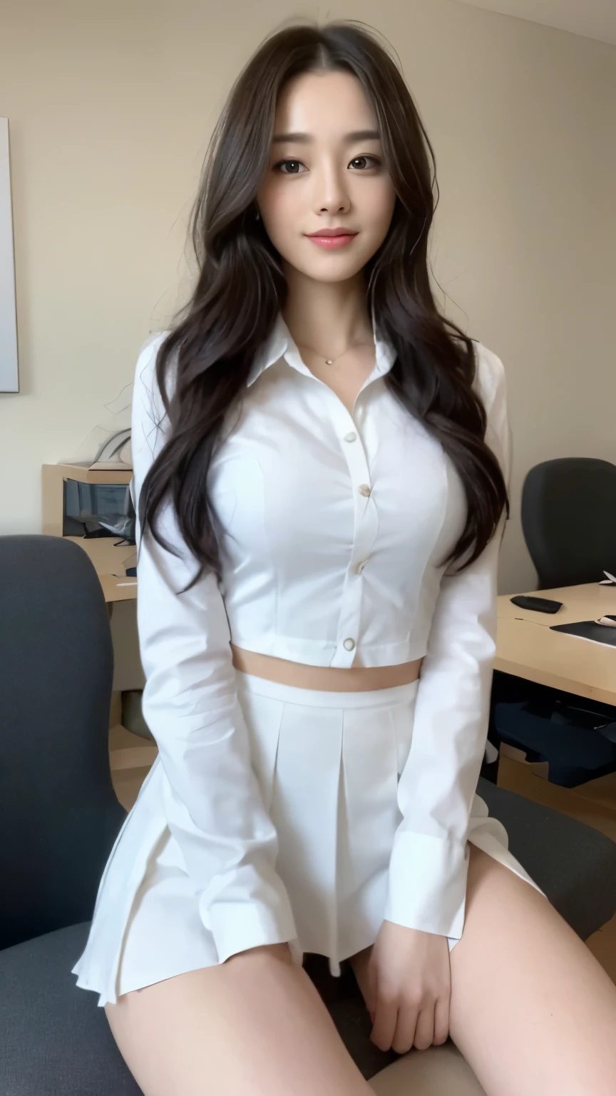((top-quality、8k、masterpiece:1.3))、Beautiful woman with perfect body:1.4、slim abdomen:1.2、Longhair, normal breast, Highly detailed facial and skin texture, A detailed eye, (smile), (full body shot), ((office)), (sitting on chair), (((wearing white uniform))), looking in front