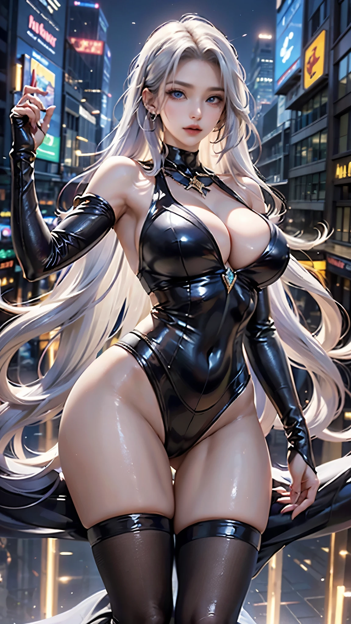 (masterpiece, 4K resolution, surreal, Very detailed), (white super hero theme, Attractive, There was a girl in town, Wearing a knight costume, She's a superhero), [ ((25 years), (long white hair:1.2), whole body, (blue eyes:1.2), ((chivalrous posture),Show strength, jump from one building to another), ((sandy urban environment):0.8)| (city View, night, dynamic lights), (full moon))] # interpretation: The prompt mainly describes an ultra high definition 4K painting, Very realistic, Very detailed. It shows a superheroine on top of the city, Wearing a knight costume. 画中主题为white super hero theme, the female protagonist has long white hair, is 25 years old and her entire body is shown in the painting. In terms of depicting superhero action, employed，Show breasts，exposing her chest，huge ，huge breasts