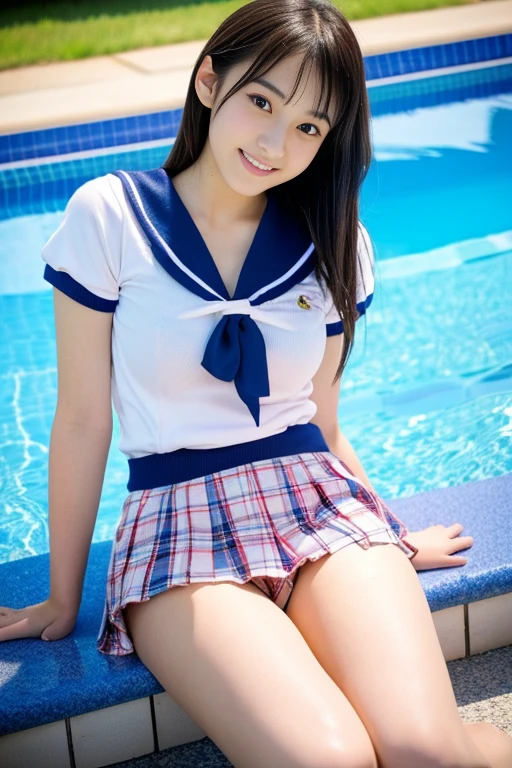 ((highest quality)), ((masterpiece)), 17 year old real Japanese beautiful girl idol high school student、Cheerleader、No sleeve、beautiful thighs、beautiful small breasts、sit alone&#39; Poolside、40cm miniskirt above the knee、aphrodisiac、horizontal angle、Sweaty beautiful skin、A streak in the crotch、Excited、