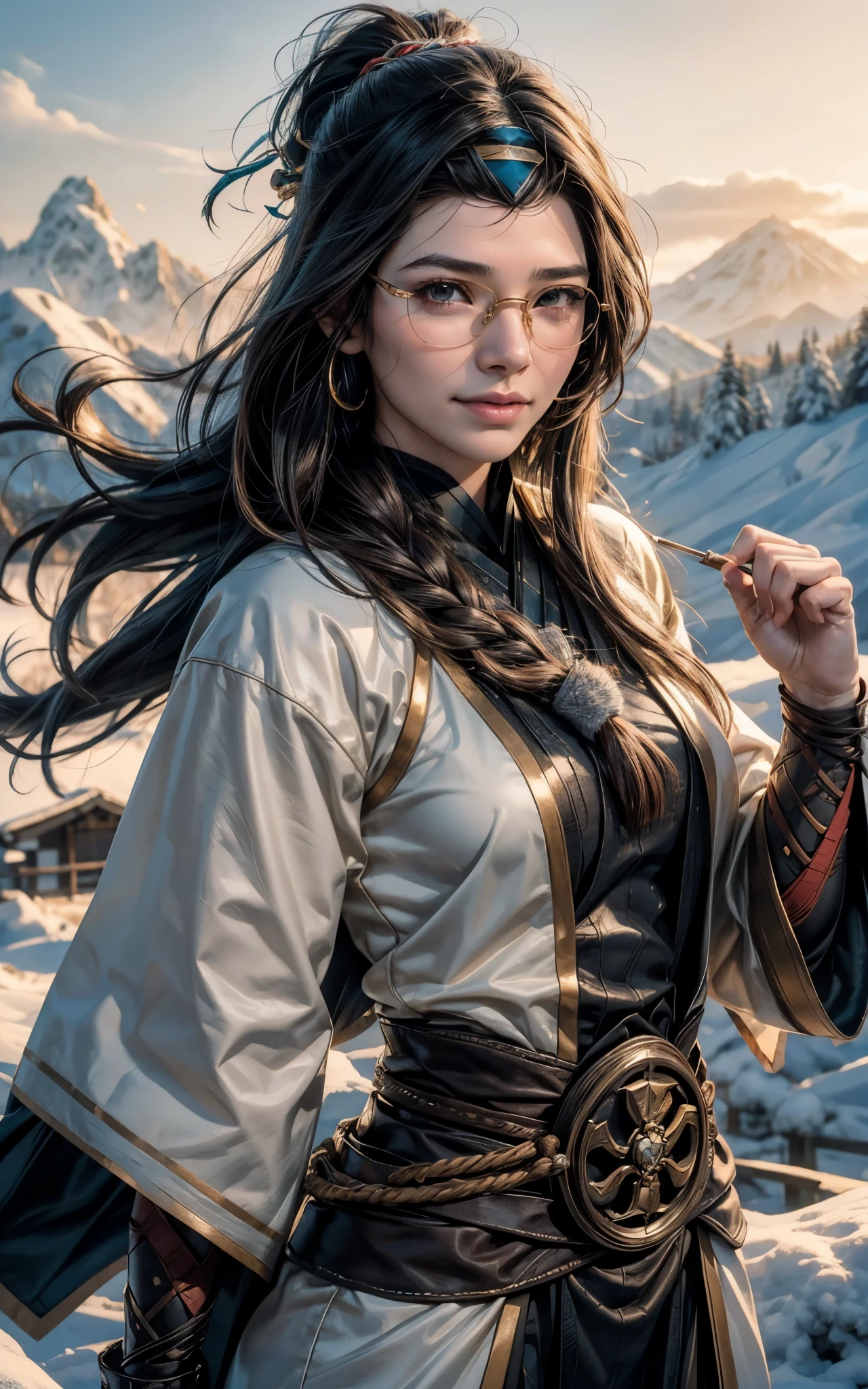Young ainu woman with the face of (Gal Gadot:Evangeline Lilly), (looking at viewer, light smile, ), brown hair, brown eyes, long hair, hair_flying, Fluttering hair, flying_hair, ((Transparent glasses, glasses, glasses_on_nose)), ((traditional ainu clothes)), sexy, charming, stunning, enhance, delicate, (pale skin, real_skin), sunlight, Winter, snow, Hokkaido, outdoor, best quality, high quality, highres, 8k, photo realistic.