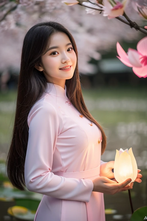 1 person, in the cherry blossom forest, Vietnamese ao dai, holding a lotus flower (light pink), long hair, light breeze, lotus background,Gentle smile, super beautiful face, smooth skin, Ao Dai with the Vietnamese flag under the hem, falling lotus flowers ,Long legs (just enough), Super sharp images, Ultra 8K, Ultra HD