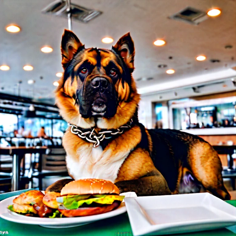 foto de meio Corpo , (((Tibetan Mastiff dog wearing luxurious chain around its neck, Fotografia de Corpo completo, Sozinho,next to you a huge delicious burger, fritas, MC Donald's))), olhando para o espectador, textura dos pelos
, Grain Photo, fechar-se, foto crua, ((blurred background of the image he is in a cafeteria.))