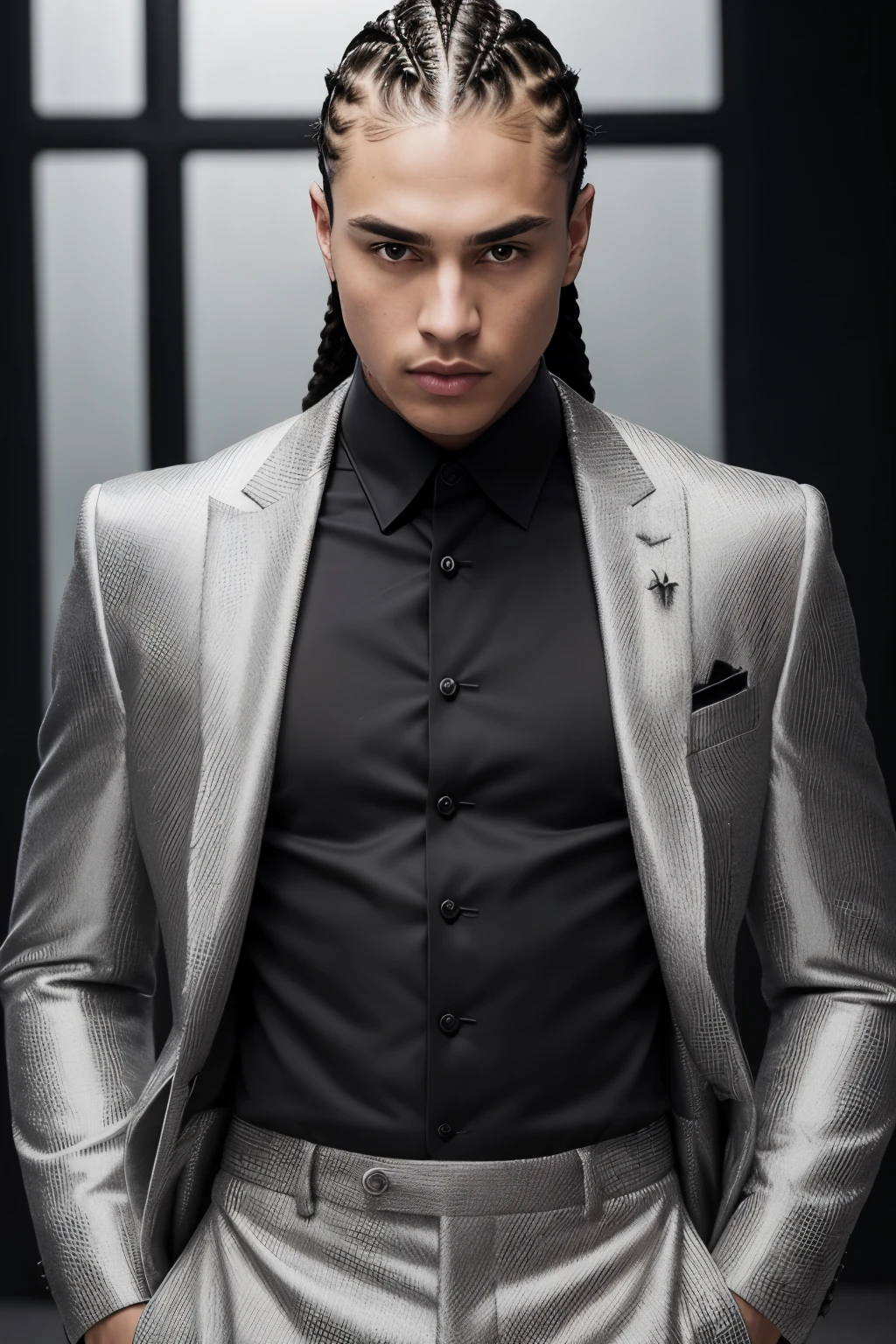 (RAW style, masterpiece, best quality, ultra-detailed), man with cornrow hairstyle, standing in front of mirrored surface, wearing black shirt and full suit, confident and powerful expression, well-lit room, cinematic light, high contrast, (realistic skin texture), sharp focus, (exquisite details), (masterpiece), (best quality:1.0), (ultra highres:1.0), meticulously crafted, intricately detailed cornrows, immaculate suit fabric, striking reflection.