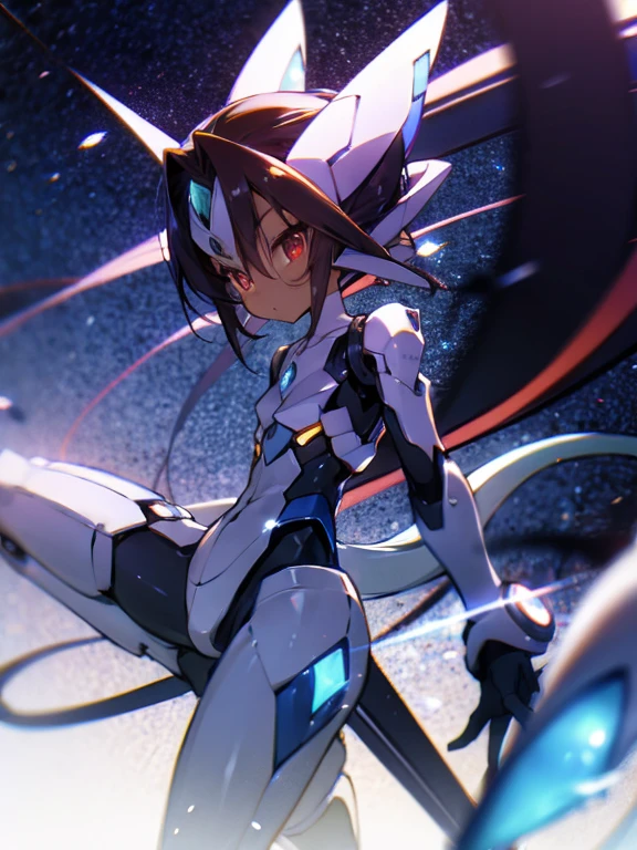 Masterpiece, best quality, highres, amazing quality, devouring the starry sky, tenchi muyo, (mega mewtwo y), flat chested, (male), (8 year old boy), (shota), (Dark skin), cute, red eyes, very long dark brown hair, blue gem on forehead, white mecha musume armour, white exosuit armour, black powersuit, white mecha armour legging, badass, mechanical tail, cool, shounen, close up, adorable 