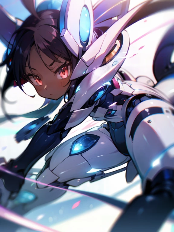 Masterpiece, best quality, highres, amazing quality, devouring the starry sky, tenchi muyo, (mega mewtwo y), flat chested, (male), (8  boy), (shota), (Dark skin), cute, red eyes, very long dark brown hair, blue gem on forehead, white mecha musume armour, white exosuit armour, black powersuit, white mecha armour legging, badass, mechanical tail, cool, shounen, close up, adorable 