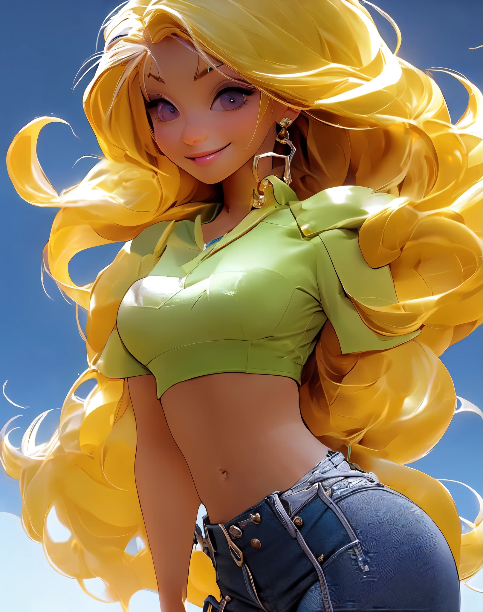 (NIJIFTB), A cartoon character，Yellow hair, and long hair，1 girl looks arrogant at 18 years old, She is the last boss (female focus:1.3), Miss, healthy, muscular, (Hips are very thin:1.1)