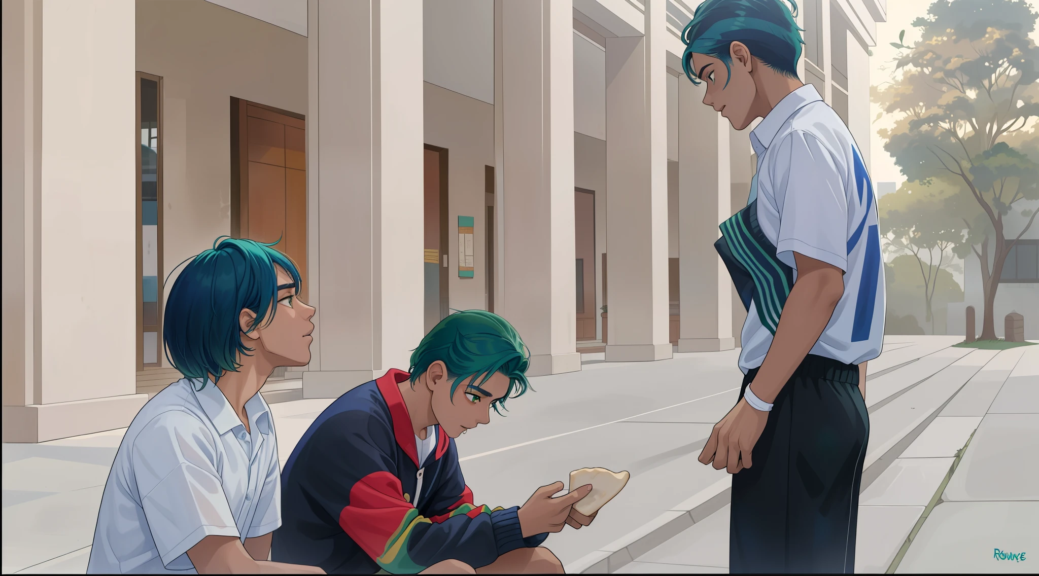 hay tres jovenes dos sentados uno de pie  cabello color verde ropa azul