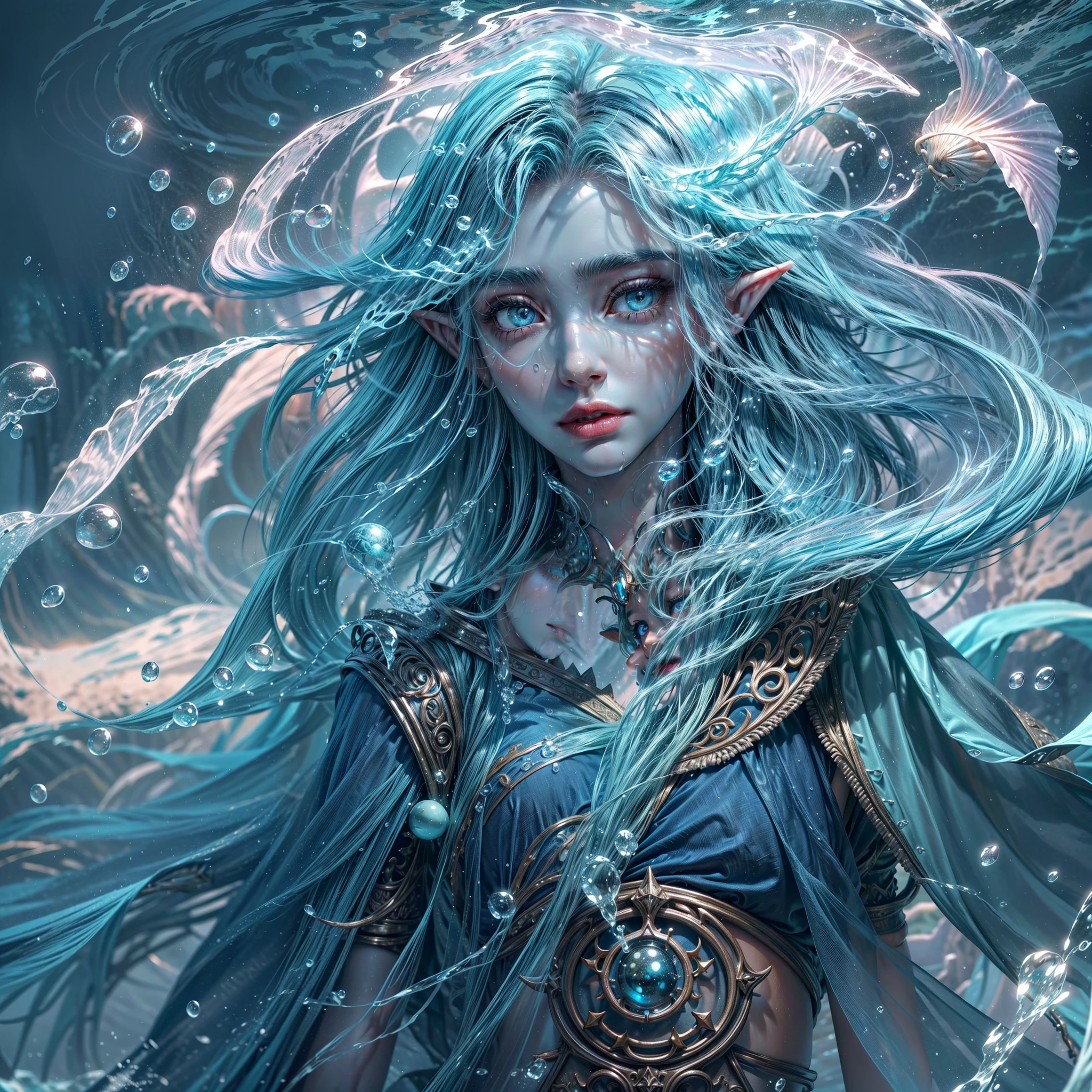 high details, best quality, 16k, [ultra detailed], masterpiece, best quality, (extremely detailed), dynamic angle, ultra wide shot, RAW, photorealistic, fantasy art, dnd art, rpg art, realistic art, an ultra wide picture of a sea elf (1.5 intricate details, Masterpiece, best quality) water mage casting ((water control spell)), water wizard ((water magic, intense magic details)), ((controlling a swirling mass of water)), magical symbols GlowingRunes_pink, female sea elf, blue skin, green hair, long hair, swirling hair, intense eyes, small pointed ears, ((blue eyes)), ((glowing eyes)), armed with magical wand, wearing sea shell clothing, beautiful elf, underwater background, rich underwater life, ((magical atmosphere)), fish and sea weeds, high details, best quality, highres, ultra wide angle