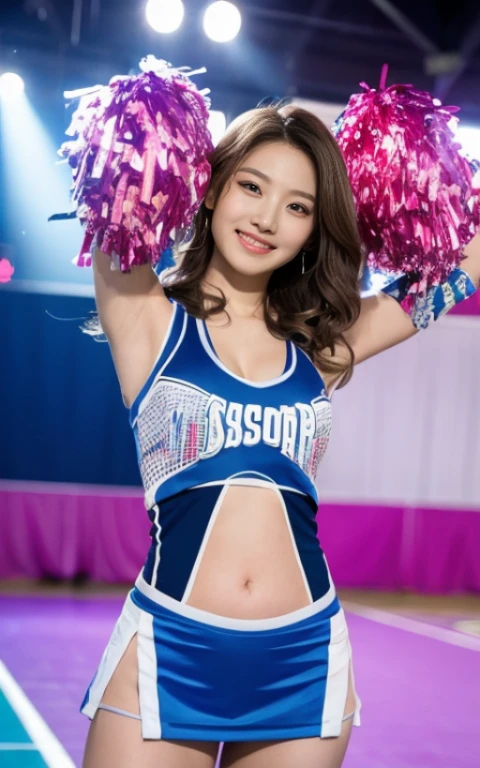 sports arena、Sexy Cheerleader、Tight costume with small area、Nothing is worn inside、Fly with legs spread、full body shot, beautiful female body、A woman with the same face as last time(misaki)、4K、1people's women、slender、 Loose wavy styling 、前からfull body shot、seductive and attractive,Including face and skin texture,detailed eyes、smiling face