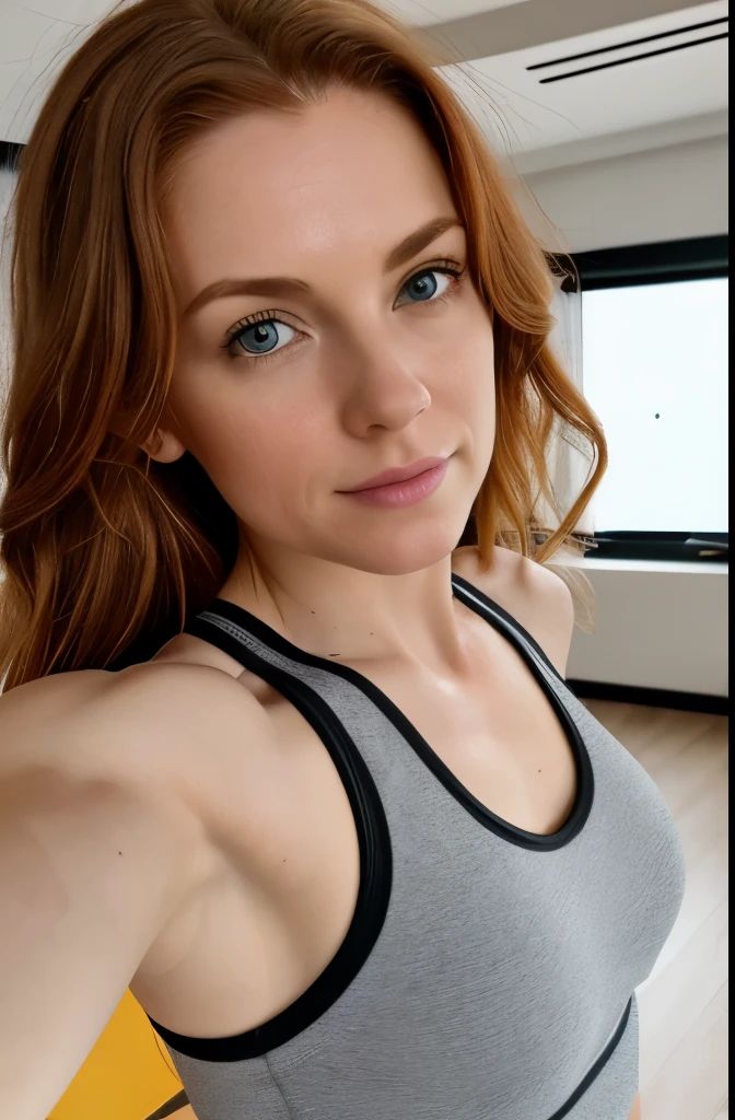1girl in, age 40, Solo, Aesthetic artwork, irish, wavy ginger hair, shoulder length hair, gray eyes, light grey eyes, pale skin, A-cup, small breasts, runners body, (textured skin, skin pores:1.1), goosebumps, taking a selfie at the gym wearing a tight tank top and running shorts, sexy, close-up, no hands, (extremely detailed 8k wallpaper), soft lighting, high quality, film grain, Fujifilm XT3 sharp focus, f 5.6, 50mm, High Detail, Sharp focus,(natural light), crazy details, complex details, hyperdetailed