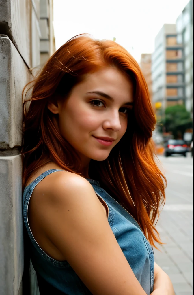 ((best quality)), ((art)), (detailed), perfect face, Beautiful and sexy woman with orange eyes, medium orange hair, nails painted with black nail polish, Shiny, 25 years old, slim waist, very detailed , innocent face, face length 1.2 times the width of the face, almond-shaped eyes, square face shape, high cheekbones, short bright orange wavy hair, brown eyes, high resolution, art, best quality, intricate details, very detailed, looking at the camera, sharp focus, Clear, detailed skin, realistic skin texture, texture, detailed eyes, professional, 4k, charming smile, shot with Canon, depth of field, Kodak Vision Colors, perfectly fitted body, extremely detailed, photo_ \(ultra\), photorealistic, realistic, Post-processing, maximum detail, roughness, Real life, ultrarealistic, photorealism, photography, 8K ultra-hd, A photograph,red-haired girl lies in an urban environment, Alone, sitting delicately on top of a concrete wall. The wall, adorned with vibrant and colorful graffiti, stands out against the surrounding cityscape.

She is dressed in a modern, relaxed style, perhaps in relaxed jeans and a t-shirt with an expressive print. Her red hair falls softly over her shoulders, providing a striking contrast to the urban color palette around her.

In the background, high up, modern buildings rise, creating a dynamic urban silhouette. The city lights begin to come on, casting a soft light on the girl and creating a welcoming atmosphere.

She holds something in her hands, perhaps a book, a phone or simply contemplating the city. The expression on her face suggests a mix of serenity and reflection as she absorbs the urban energy around her.

This moment captures the quiet solitude and beauty found in individual interactions with the vastness and complexity of an urban environment.