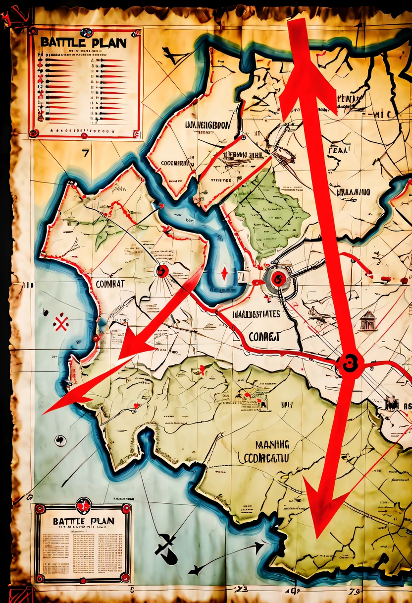 More than 40 years old,Develop a battle plan,underground combat headquarters,old map hanging on the wall,There are marching routes on the map,Marked with a red arrow on the map,There are coordinates on the map