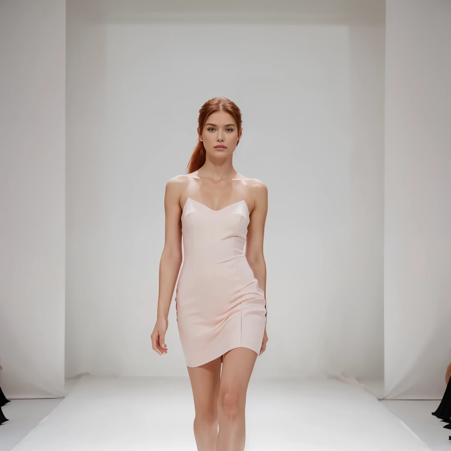 {{Photographic}} {{image of a stunning red-haired model}} {((gracing the high fashion runway in a minimalist pink and black dress))}. {((Showcasing the elegance of haute couture))}-{((emphasizing the clean lines and simplicity of the dress))}. {((Set against the backdrop of a prestigious high-end fashion runway))} for a {((sophisticated and captivating atmosphere))} photograph, inspired by {((the world of high fashion runways))}. {((Medium shot))} {((using a short telephoto lens))} {((ensuring a detailed and dynamic perspective))}. {((Soft, directional lighting))}, emphasizing {((natural shades and the flawless features of the model))}. {((High level of detail))} {((high resolution))} {((capturing the refined details of the minimalist dress))}. {((A photographic and captivating outcome))} {((intending to convey sophistication and the allure of high-end fashion))}.